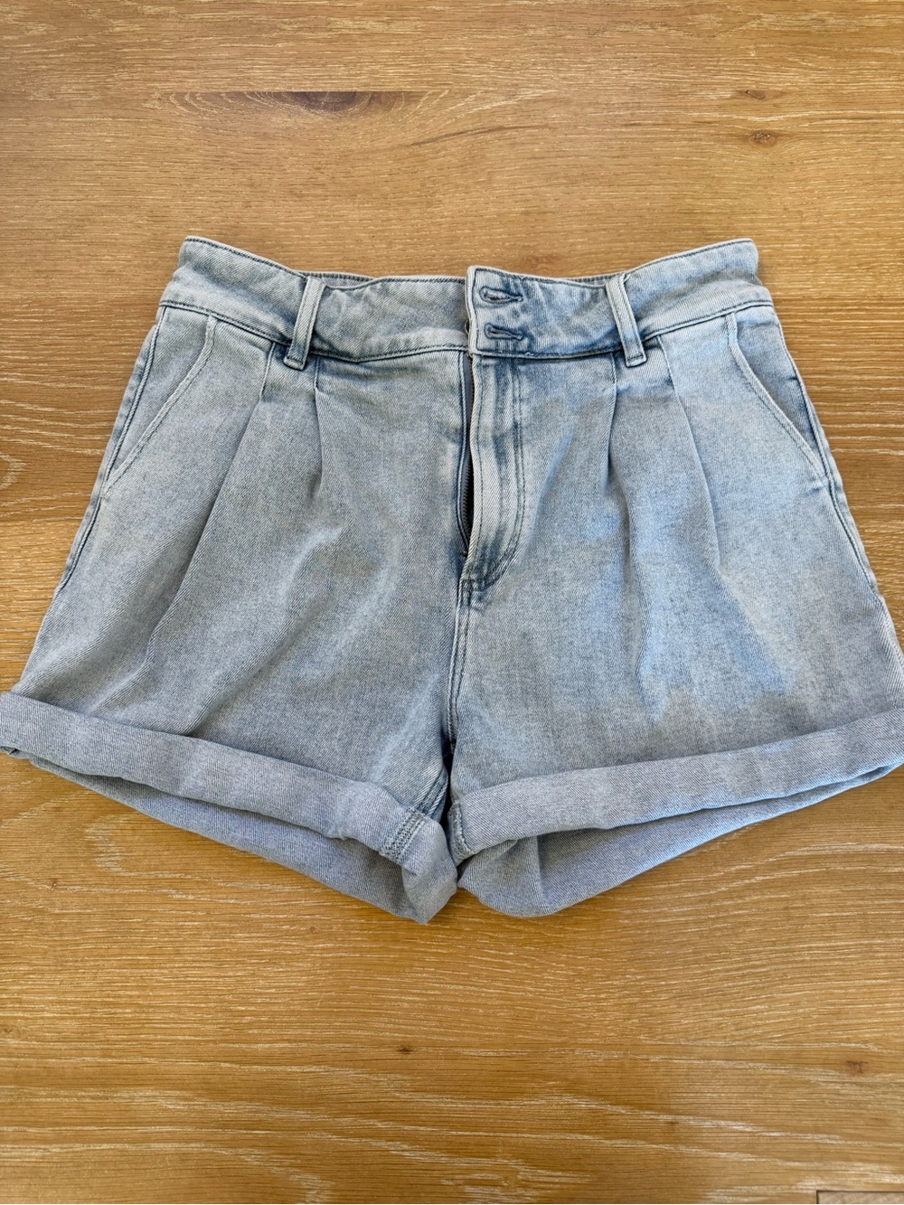 PAIGE Light Blue Pleated High-Rise Denim Shorts